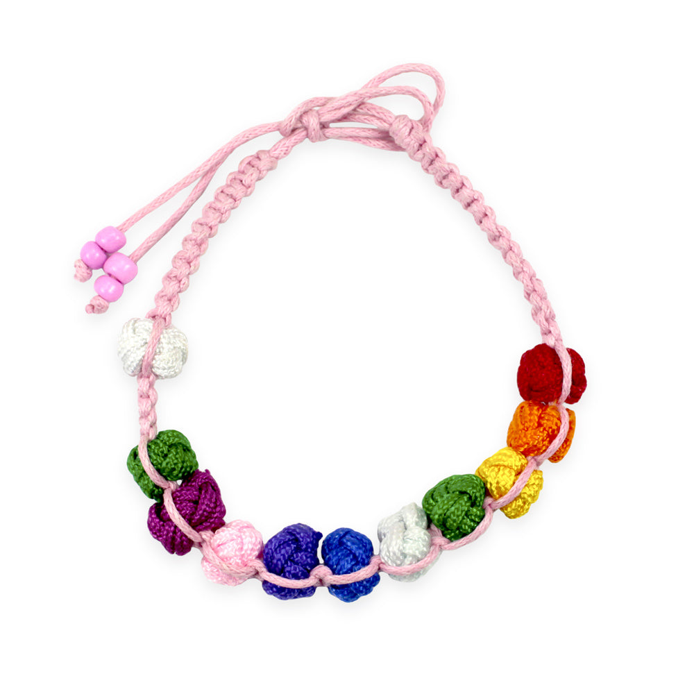 Rosary Bracelet Knotted Multicolored String Beads on Pink