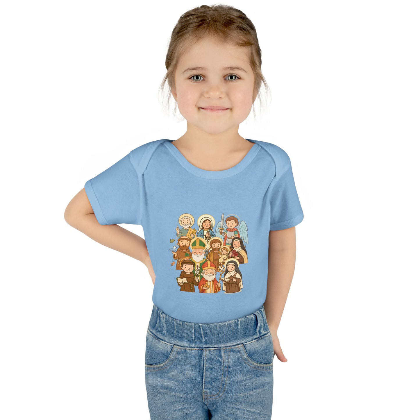 Cute Kid-Friendly Saints Catholic Baby Bodysuit - Fun Cartoon Saints - Baptism & Christening Gift