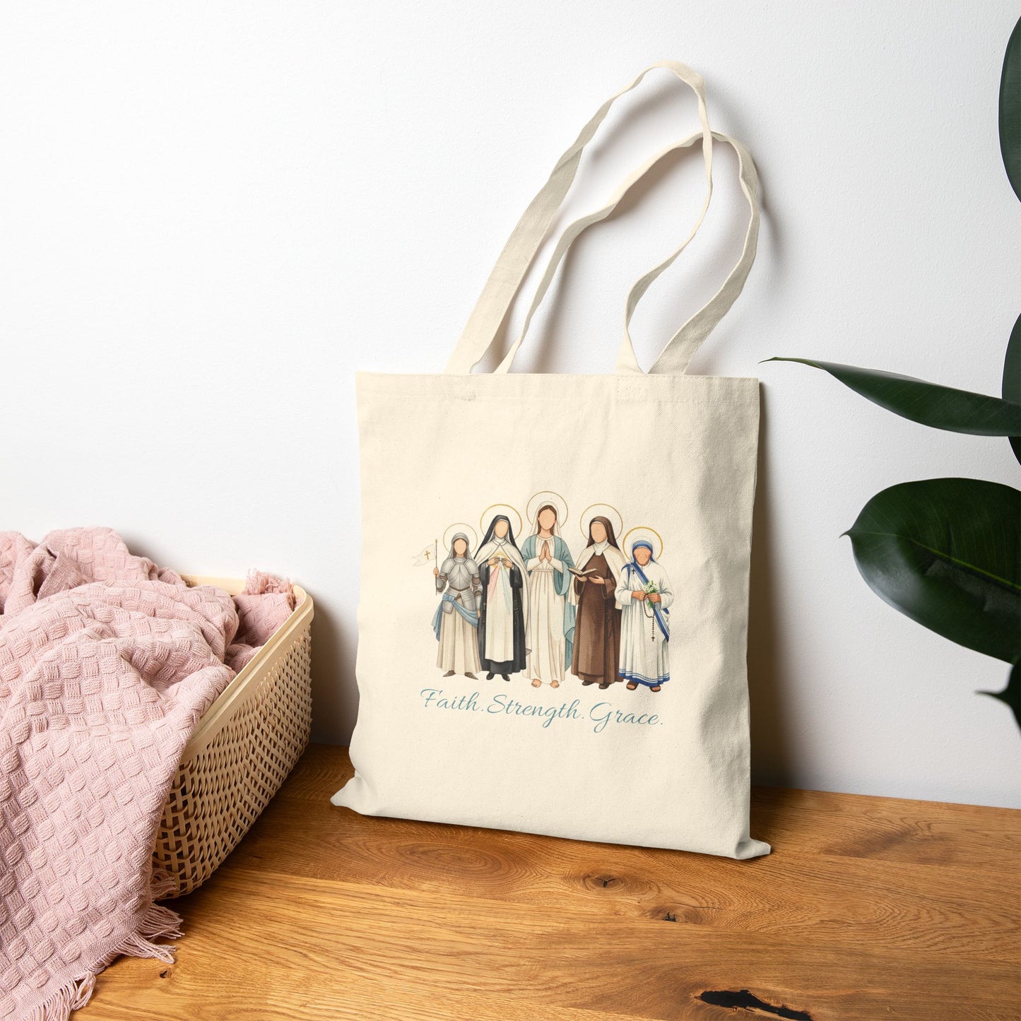 Faith Strength Grace Catholic Tote Bag - Women Saints Cotton Canvas Faith Sisters Bag