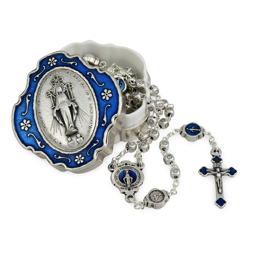 Miraculous Medal Rosary Metal Beads and Box Gift Set