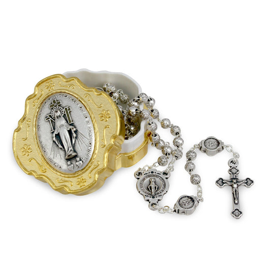 Miraculous Medal Rosary Metal Beads and Box Gift Set