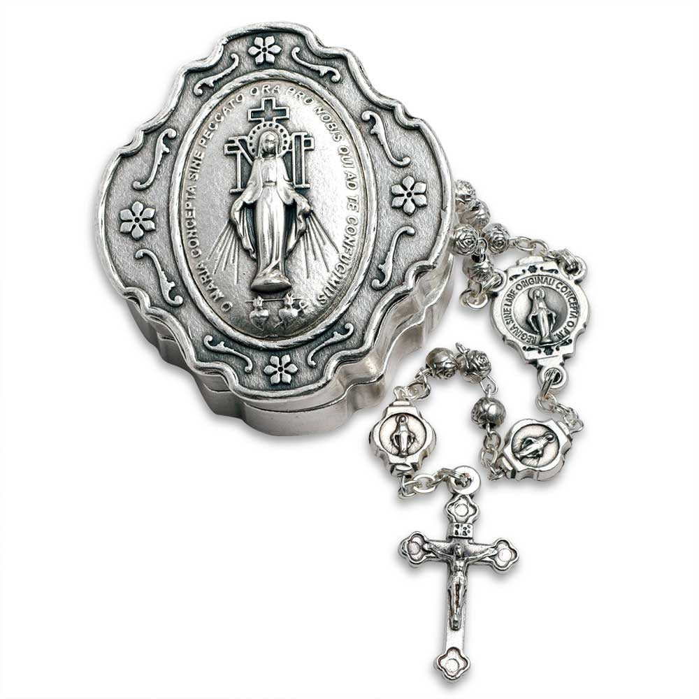 Miraculous Medal Rosary Metal Beads and Box Gift Set