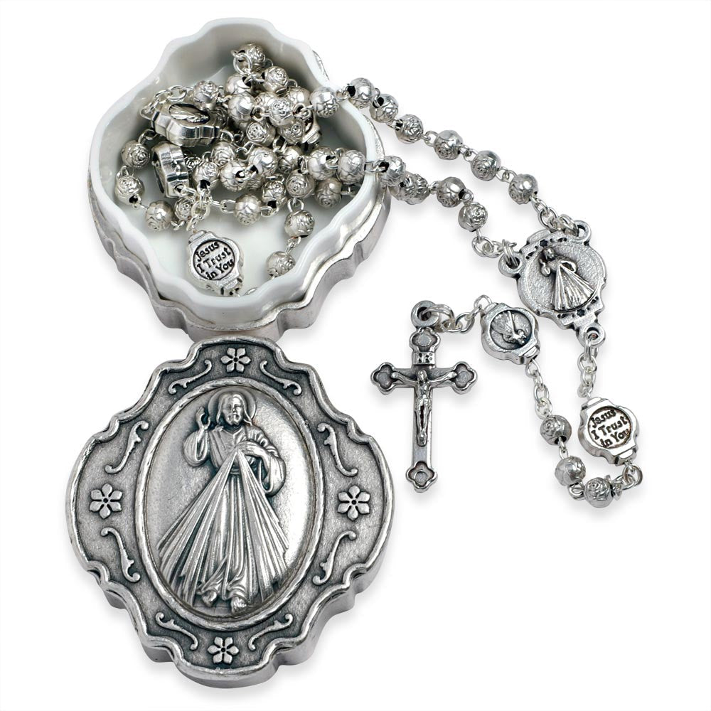 Divine Mercy Rosary Metal Beads and Silver Finish Box Gift Set