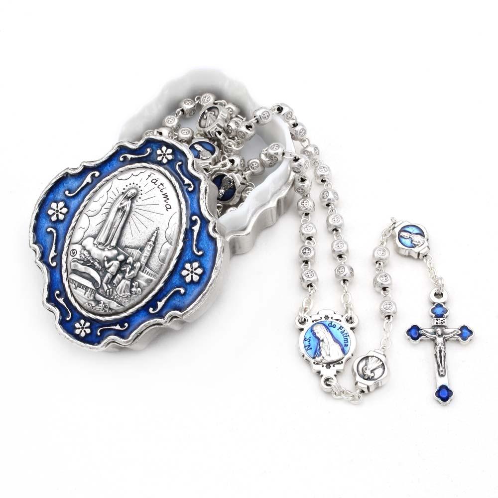 Fatima Rosary Metal Beads and Enameled Box Gift Set