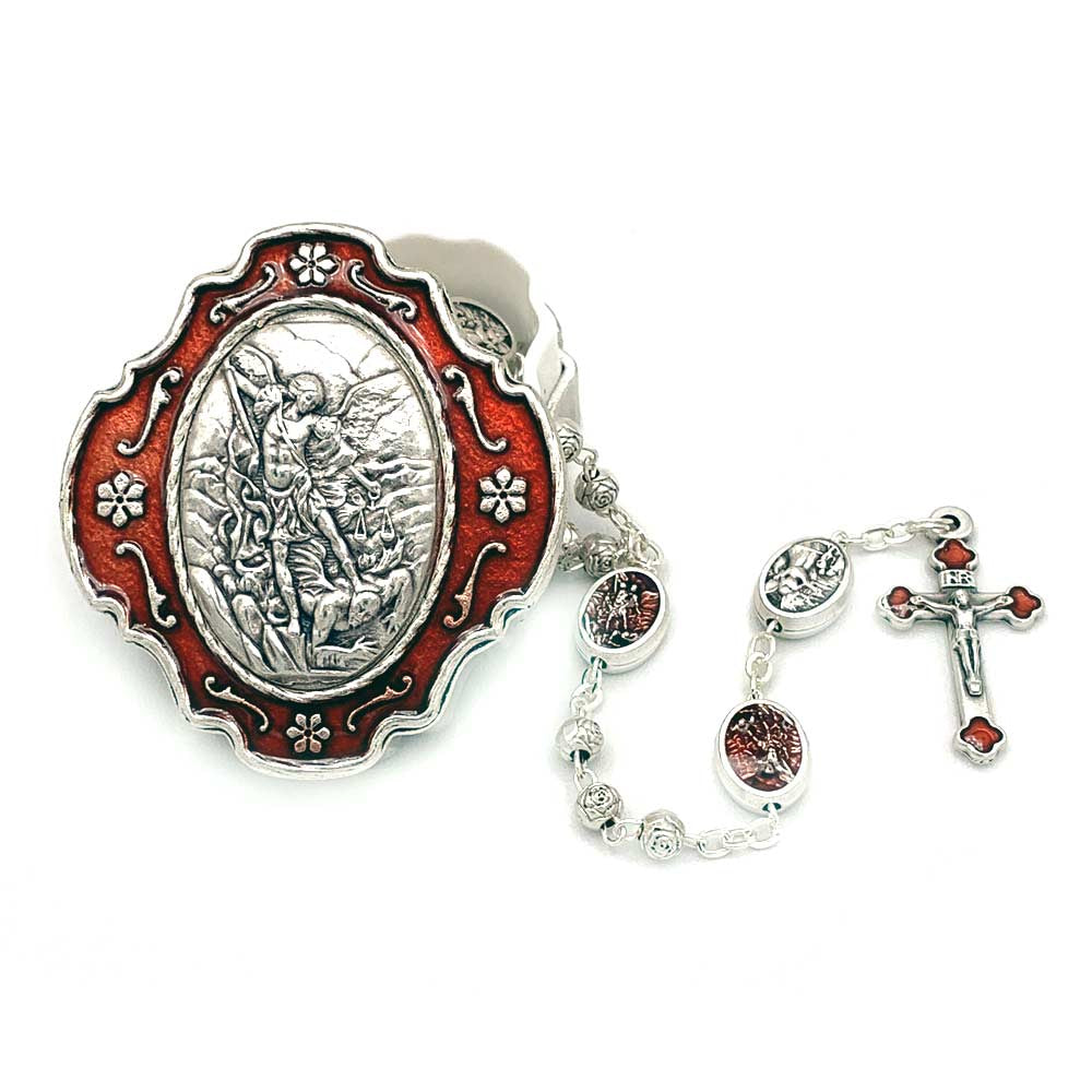 Saint Michael Rosary Metal Beads and Enameled Box Gift Set