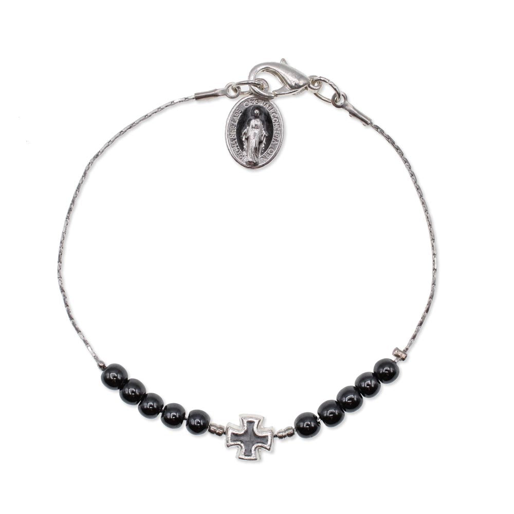 Hematite Rosary Bracelet Beads Miraculous Medal Greek cross