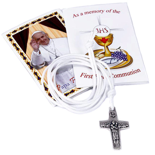 The Original Pope Francis Cross by Vedele, with white cord necklace- 3/4 inch, and Communion Gift Tag, Made in Italy