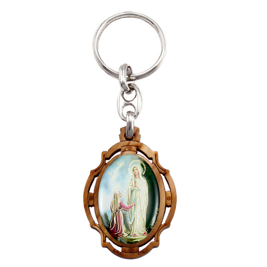 Our Lady of Lourdes Olive Wood Keychain