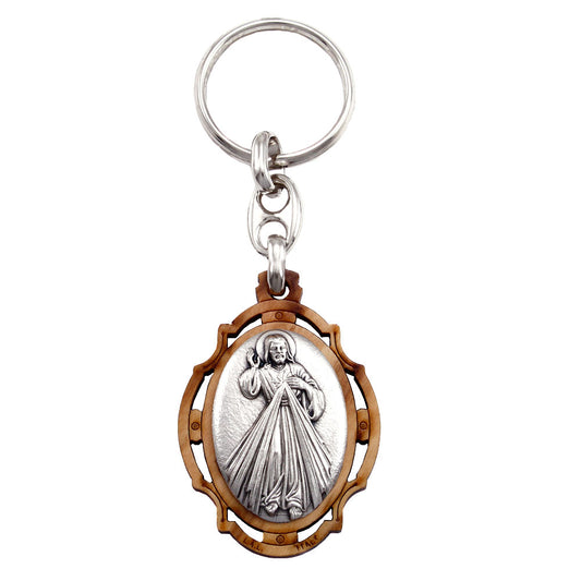 Divine Mercy Keychain, Olive Wood with Silver Plated Embossed Image