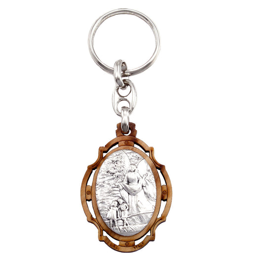 Guardian Angel Keychain Olive Wood with Silver Plated Embossed Image