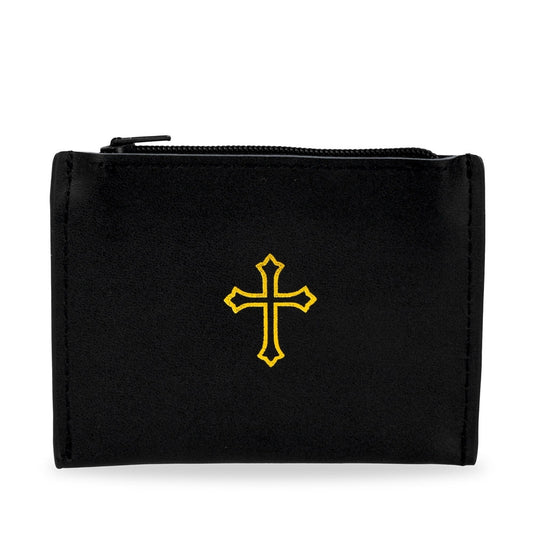 Black Leather Rosary Pouch with Gold Cross
