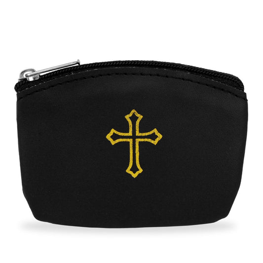 Black Rosary Pouch with Gold Cross Design and Zipper