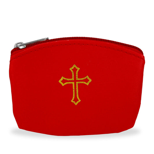 Red Rosary Pouch with Gold Cross Design and Zipper