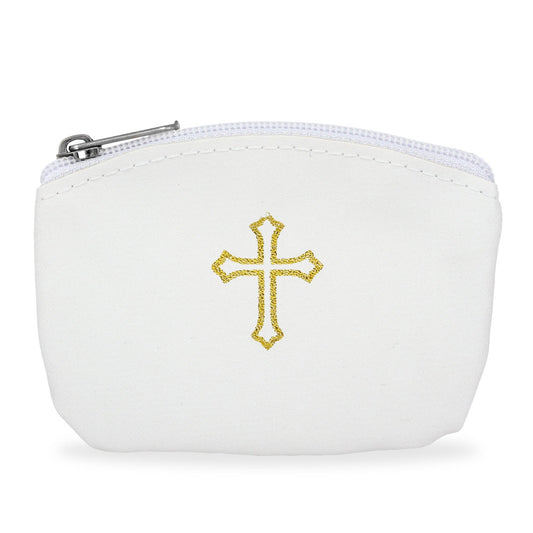White Rosary Pouch with Gold Cross Design and Zipper