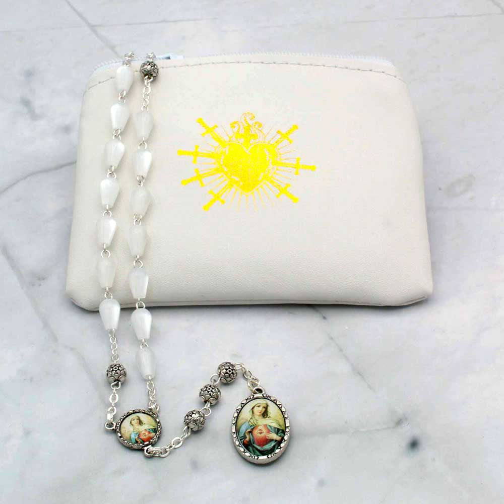 Seven Sorrows of Mary Rosary Chaplet Acrylic Pearl Beads and Matching Rosary Pouch 8-1509