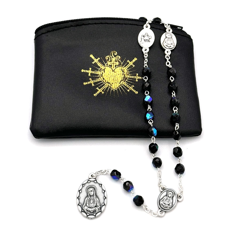 Seven Sorrows of Mary Rosary Chaplet Black Crystal Beads and Matching Rosary Pouch - Servite Rosary