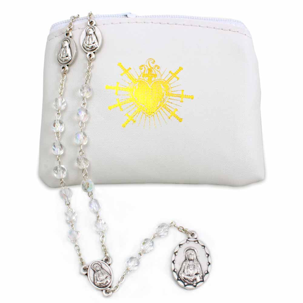 Seven Sorrows of Mary Rosary Chaplet Clear Crystal Beads and Matching Rosary Pouch - Servite Rosary