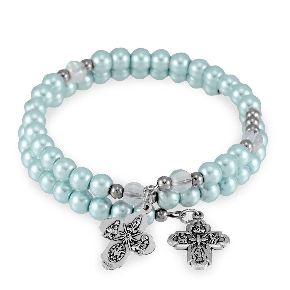 Wrap Around Rosary Bracelet Glass Pearl Beads Four Way Cross