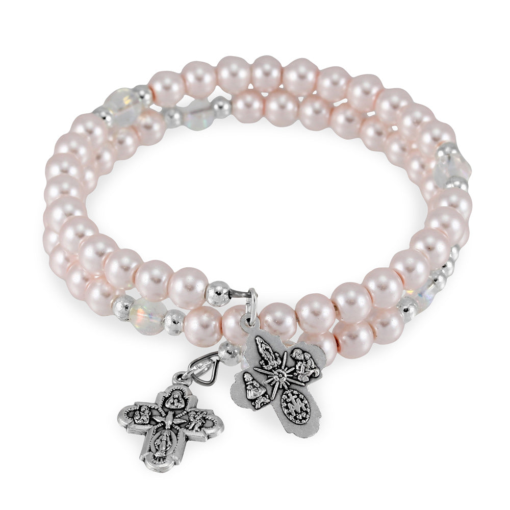 Wrap Around Rosary Bracelet Glass Pearl Beads Four Way Cross
