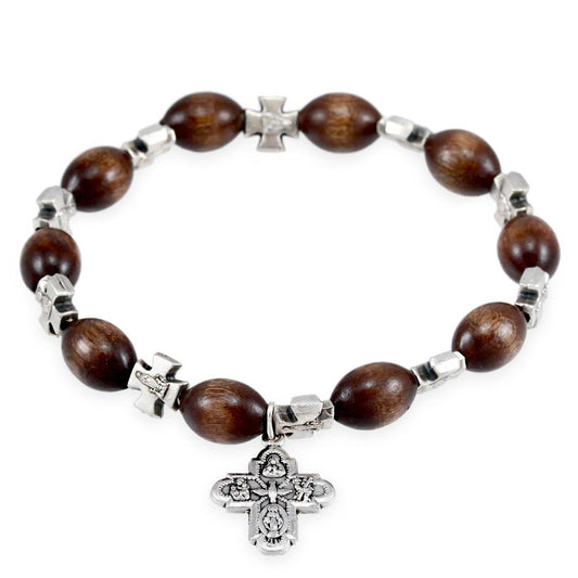 Rosary Bracelet Large Wooden Bead Four Way Cross