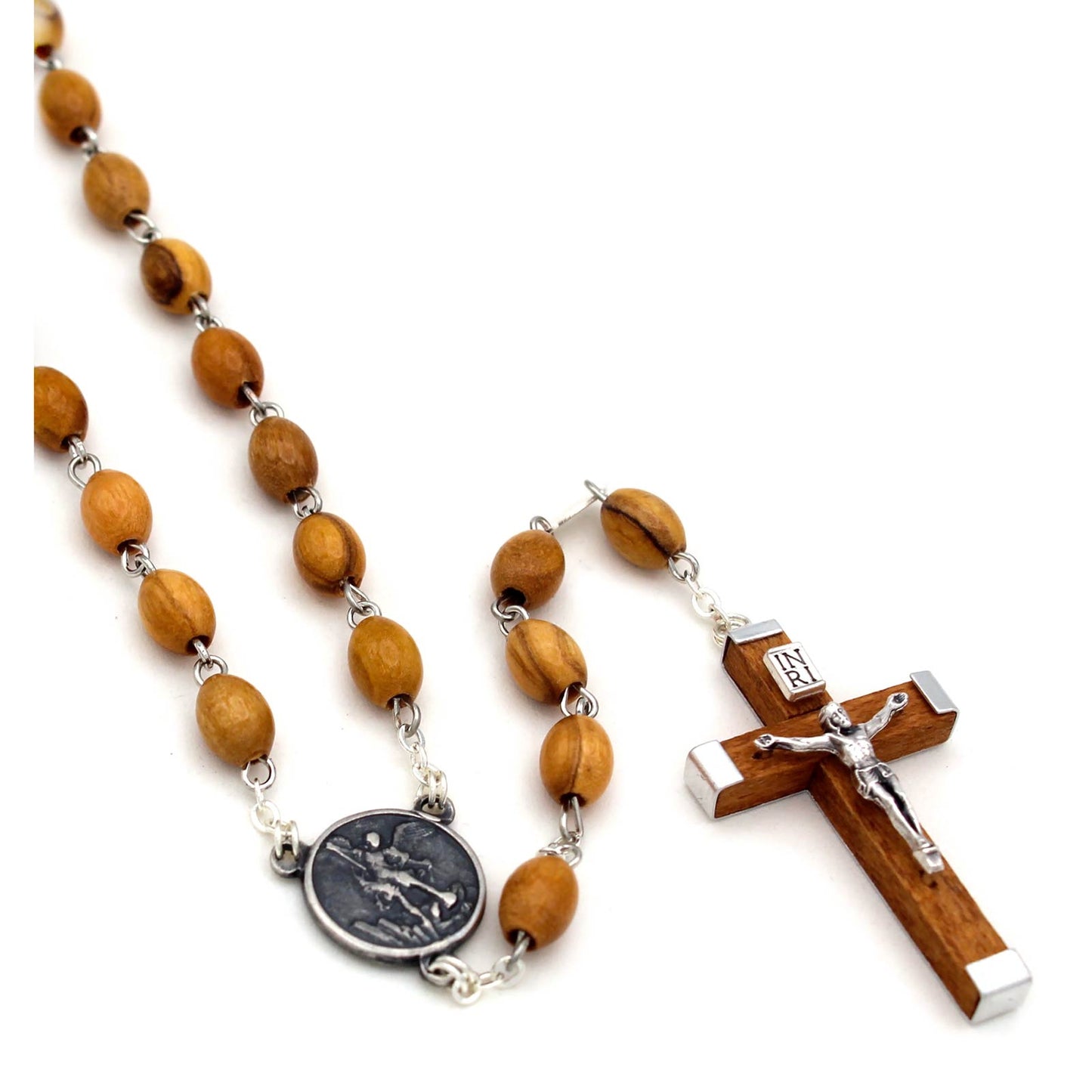 St. Michael Rosary with Olive Wood Beads Wooden Crucifix