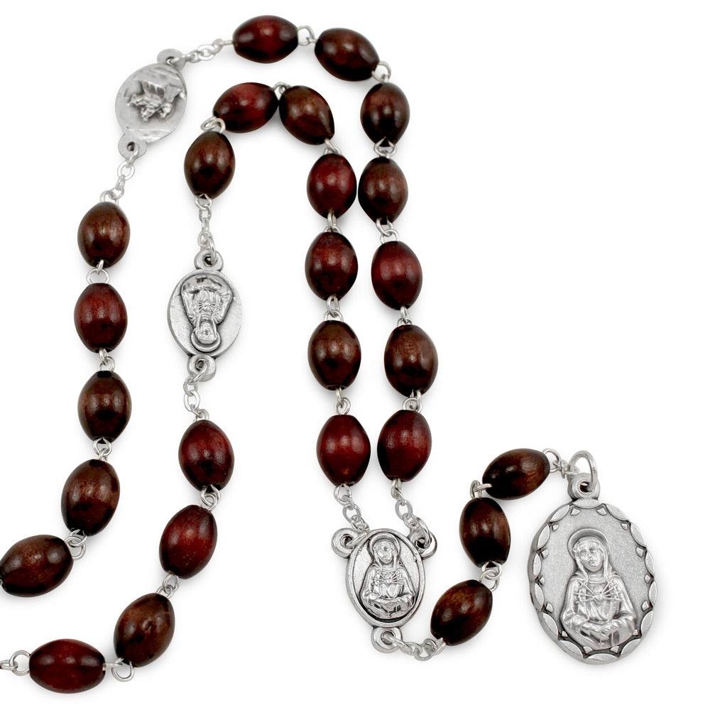 Seven Sorrows of Mary Rosary Chaplet Oval Brown Wooden Beads and Matching Rosary Pouch- Servite Rosary