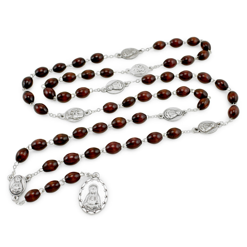 Seven Sorrows of Mary Rosary Chaplet Oval Brown Wooden Beads and Matching Rosary Pouch- Servite Rosary