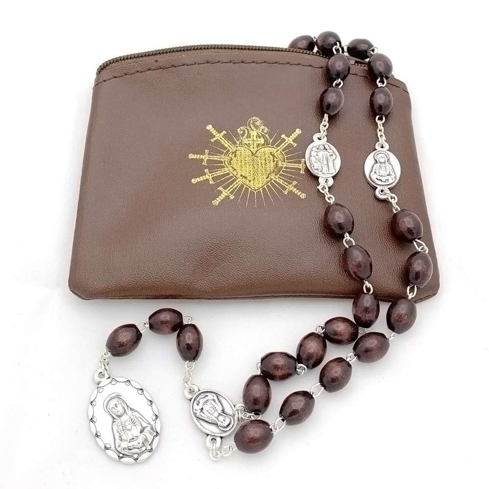 Seven Sorrows of Mary Rosary Chaplet Oval Brown Wooden Beads and Matching Rosary Pouch- Servite Rosary