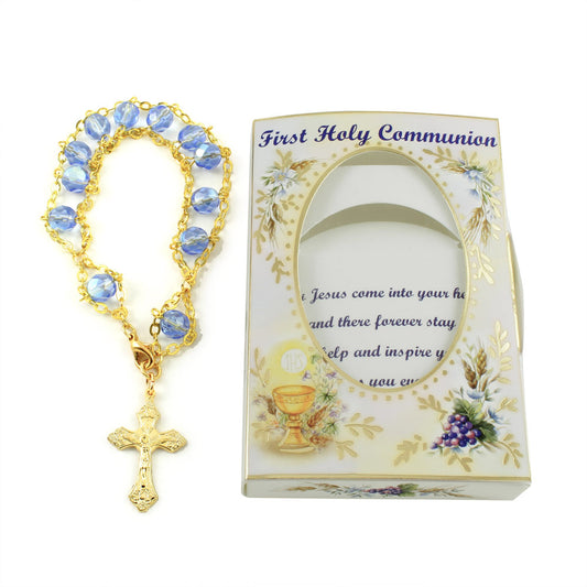 Rosary Bracelet First Communion Gift - Ladder Design with Blue Beads