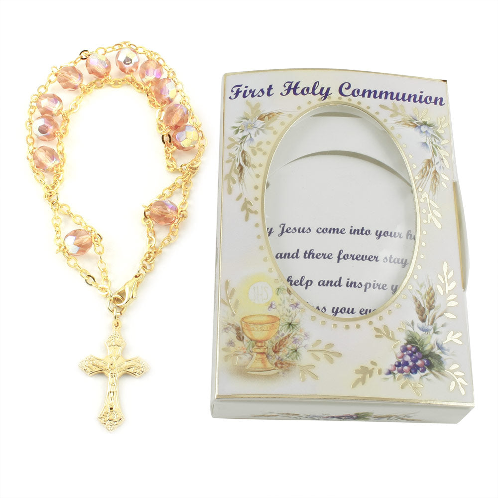 Rosary Bracelet First Communion Gift for Girls - Ladder Design with Peach Beads