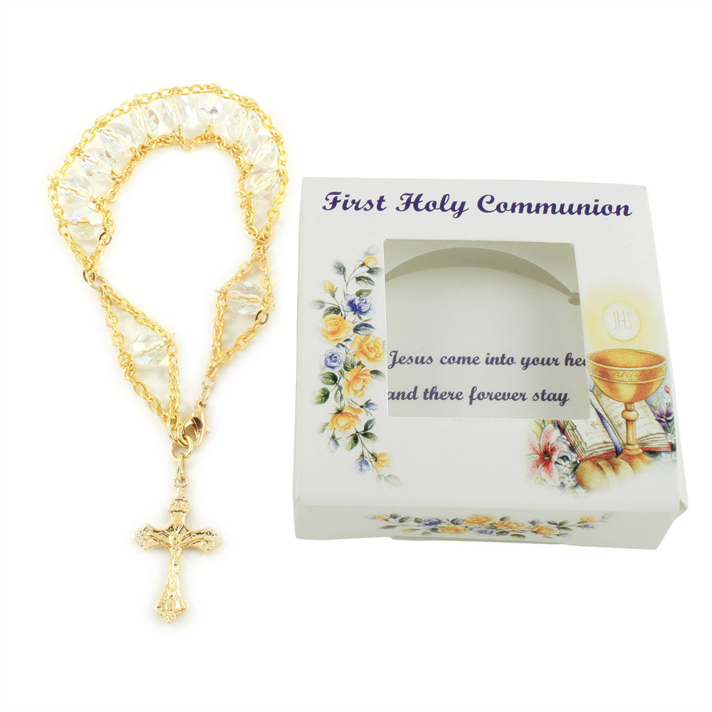 Rosary Bracelet First Communion Gift for Girls - Ladder Design with Crystal Beads