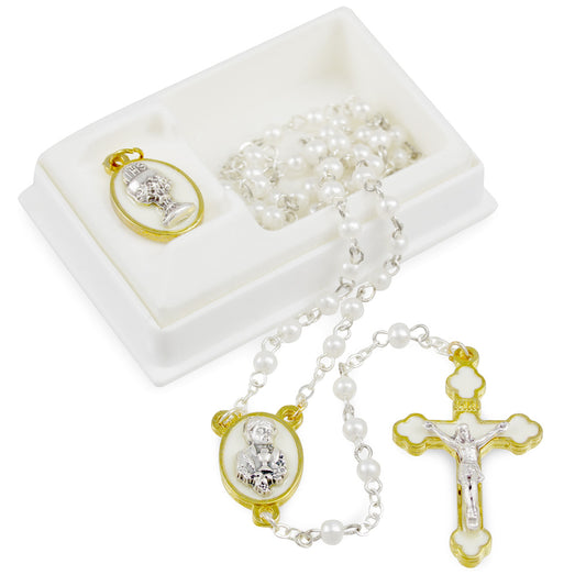 First Communion Gift for Boys - Rosary with Glass Pearl Beads Silver Finish Chain & Medal