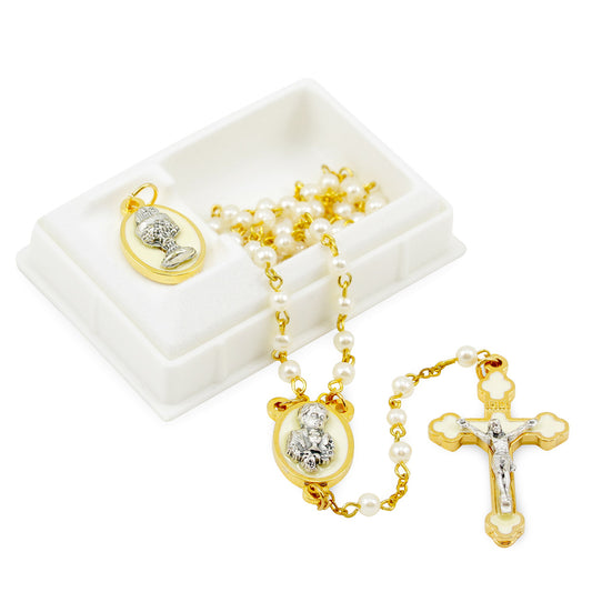 First Communion Gift for Boys - Rosary with Glass Pearl Beads Gold Finish Chain & Medal