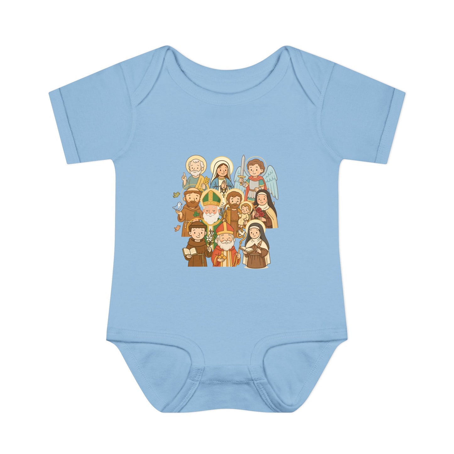 Cute Kid-Friendly Saints Catholic Baby Bodysuit - Fun Cartoon Saints - Baptism & Christening Gift