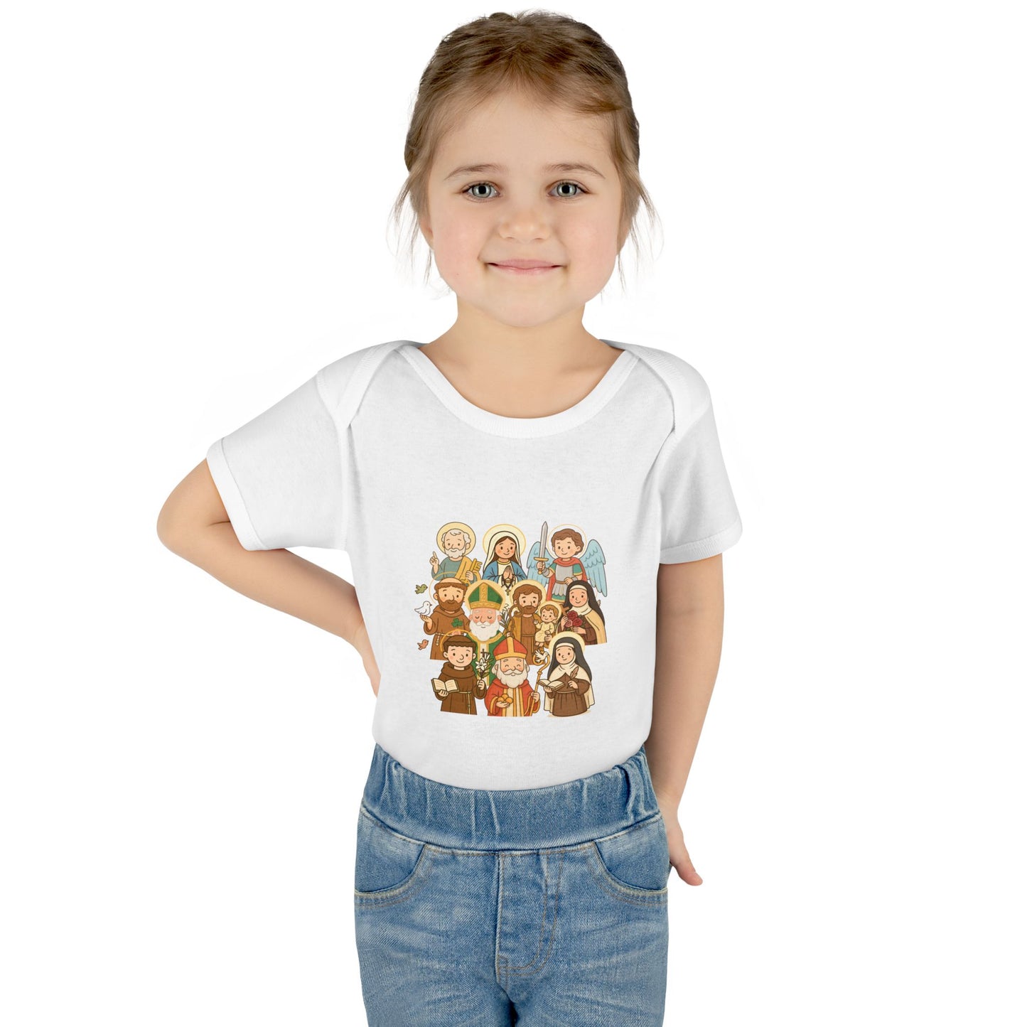 Cute Kid-Friendly Saints Catholic Baby Bodysuit - Fun Cartoon Saints - Baptism & Christening Gift