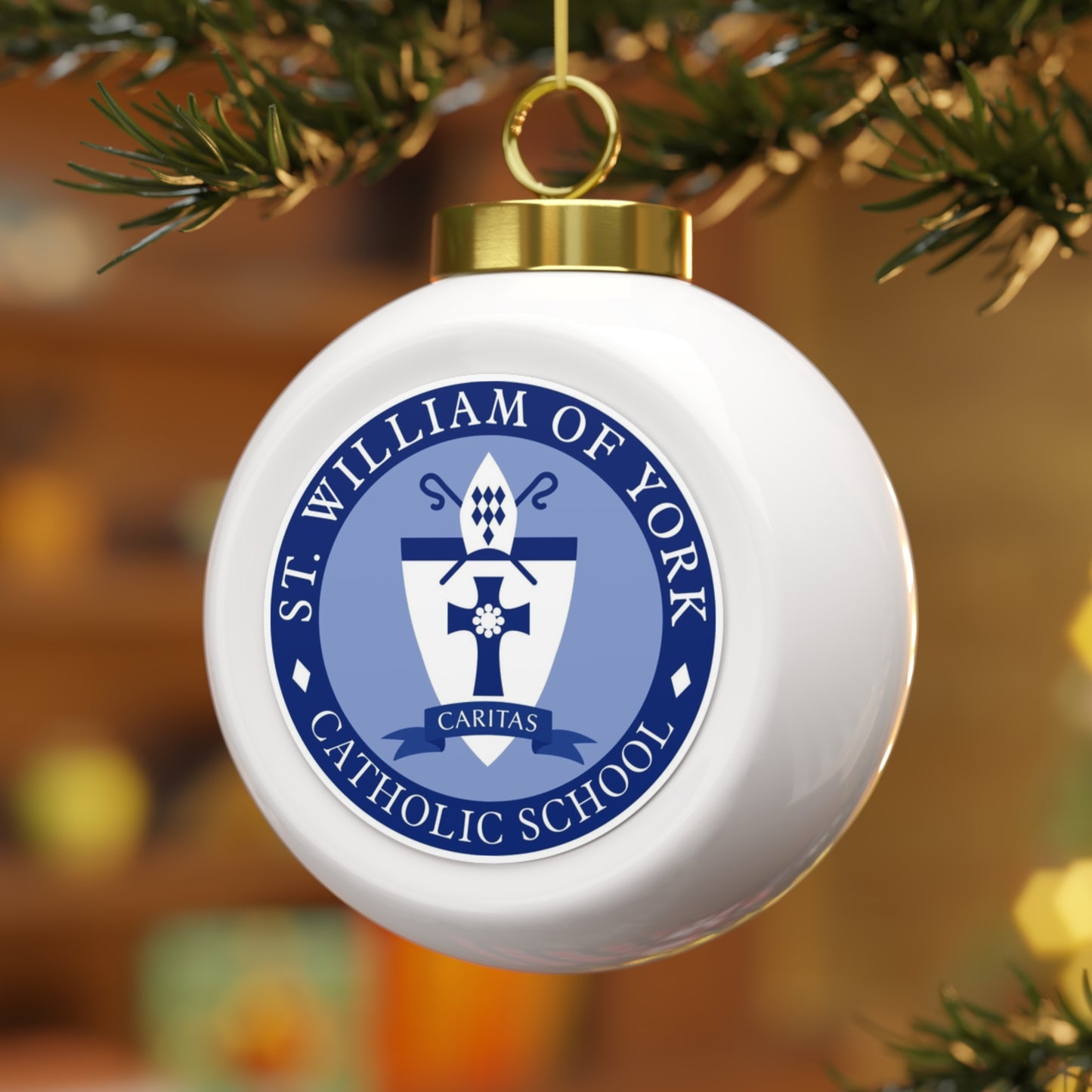 St William of York School - Stafford, VA -  Christmas Ball Ornament — Festive Poinsettia & Candles Holiday Glass Ornament