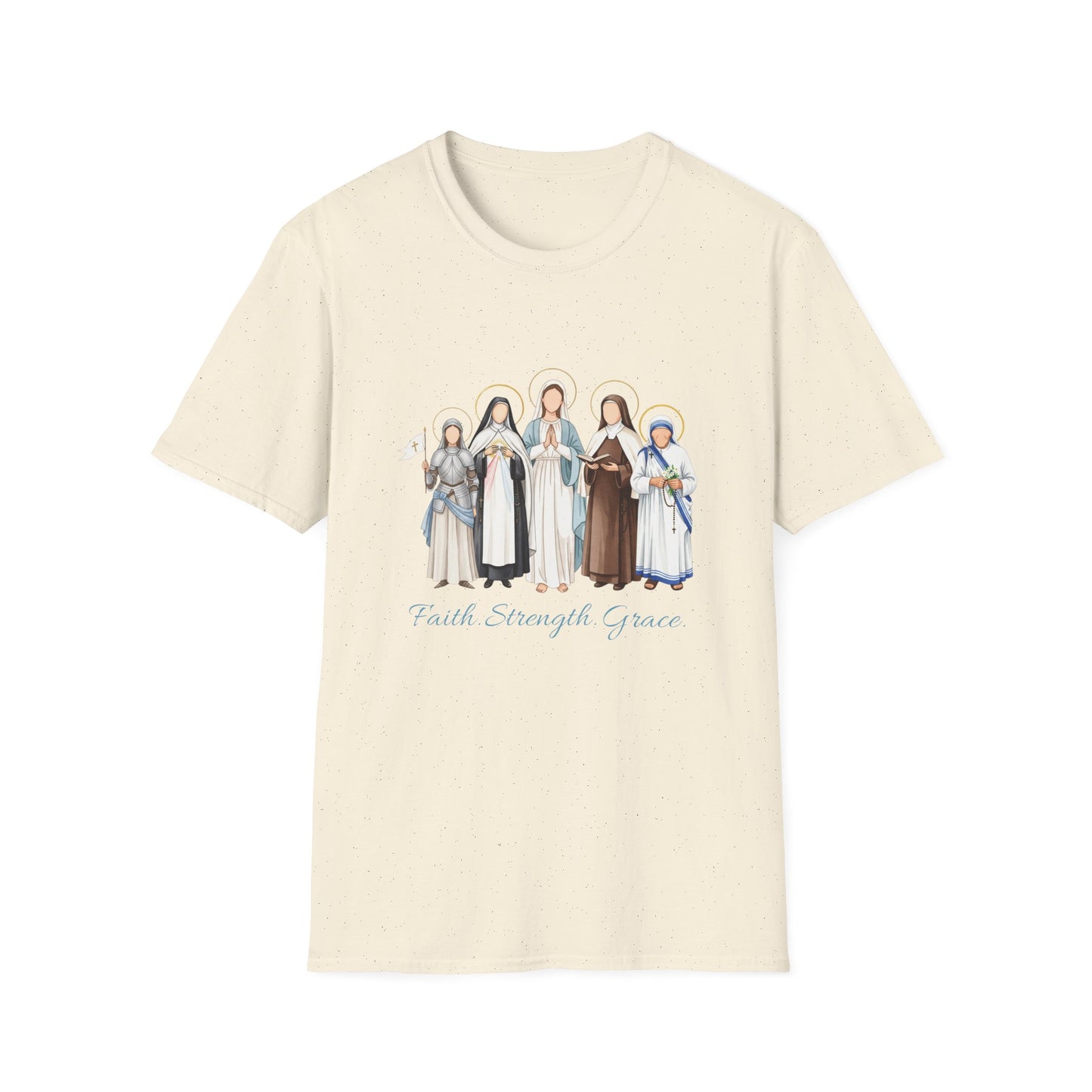 Saints Illustration T-Shirt — "Faith, Strength, Grace" Catholic Devotional Tee