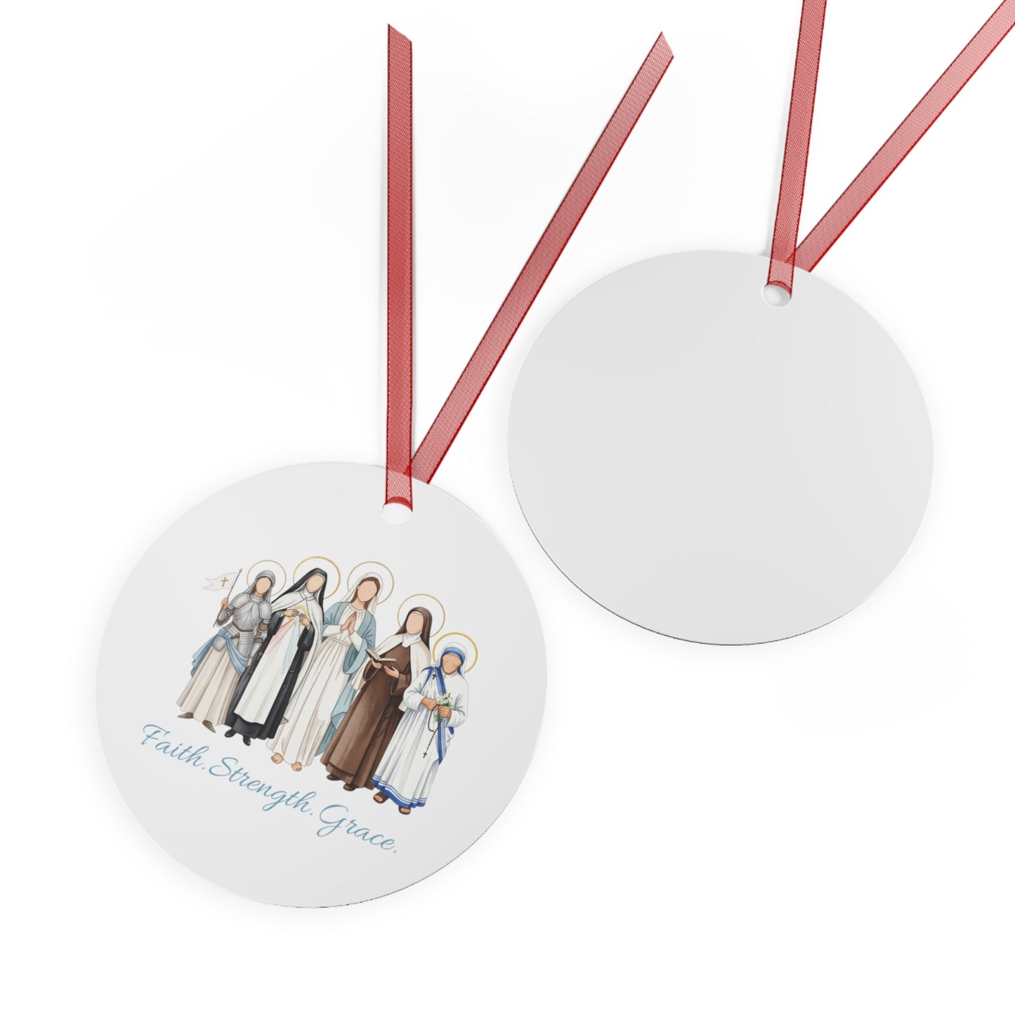 Faith Strength Grace Catholic Metal Ornament - Round Women Saints Inspirational Christmas Decoration