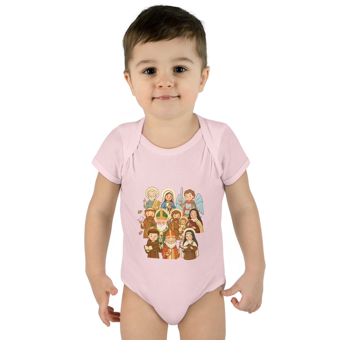 Cute Kid-Friendly Saints Catholic Baby Bodysuit - Fun Cartoon Saints - Baptism & Christening Gift
