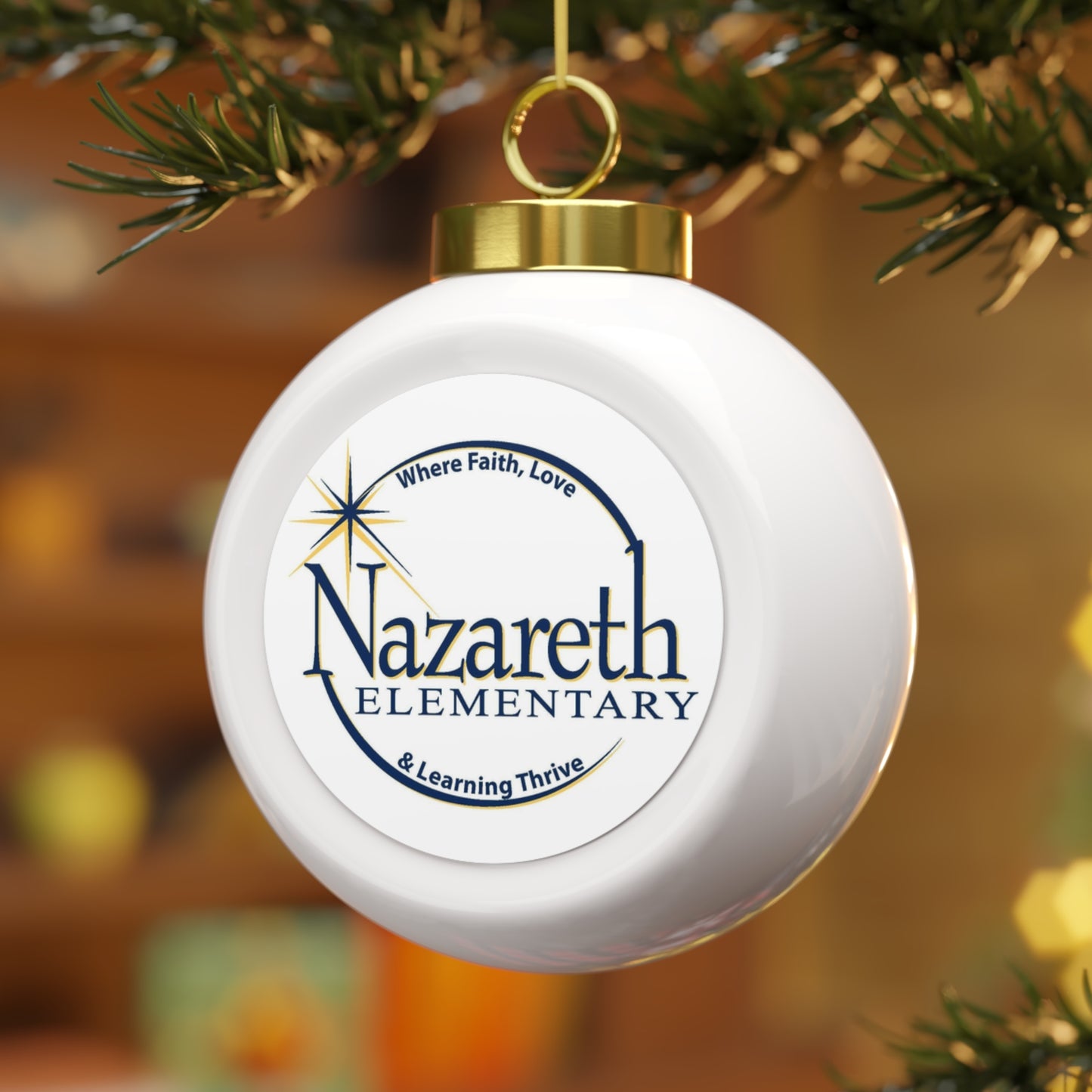 Nazareth Elementary School, Rochester NY -  Christmas Ball Ornament — Festive Poinsettia & Candles Holiday Glass Ornament