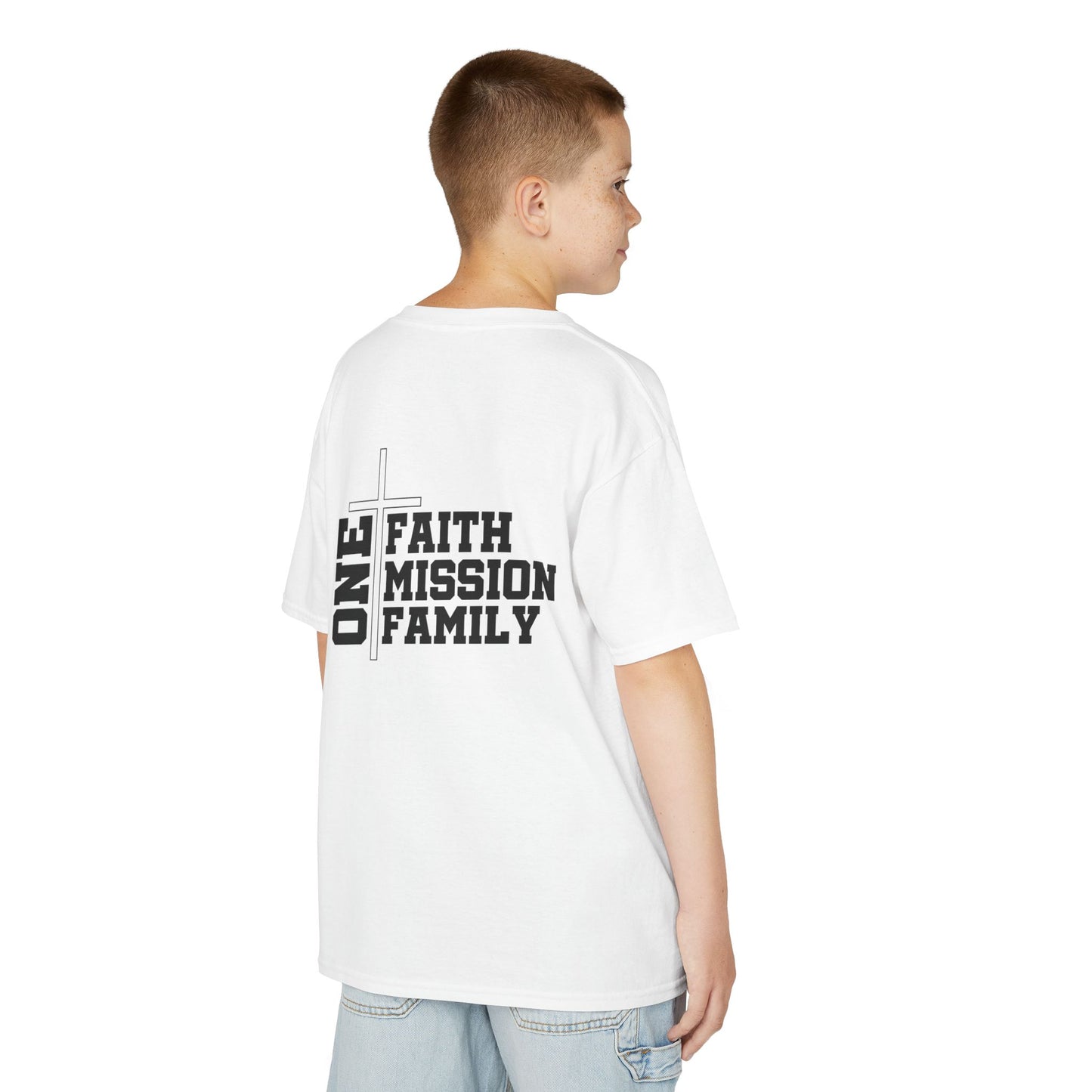 Kids "One: Faith, Mission, Family" Minimalist Youth T-Shirt – Catholic Values Tee