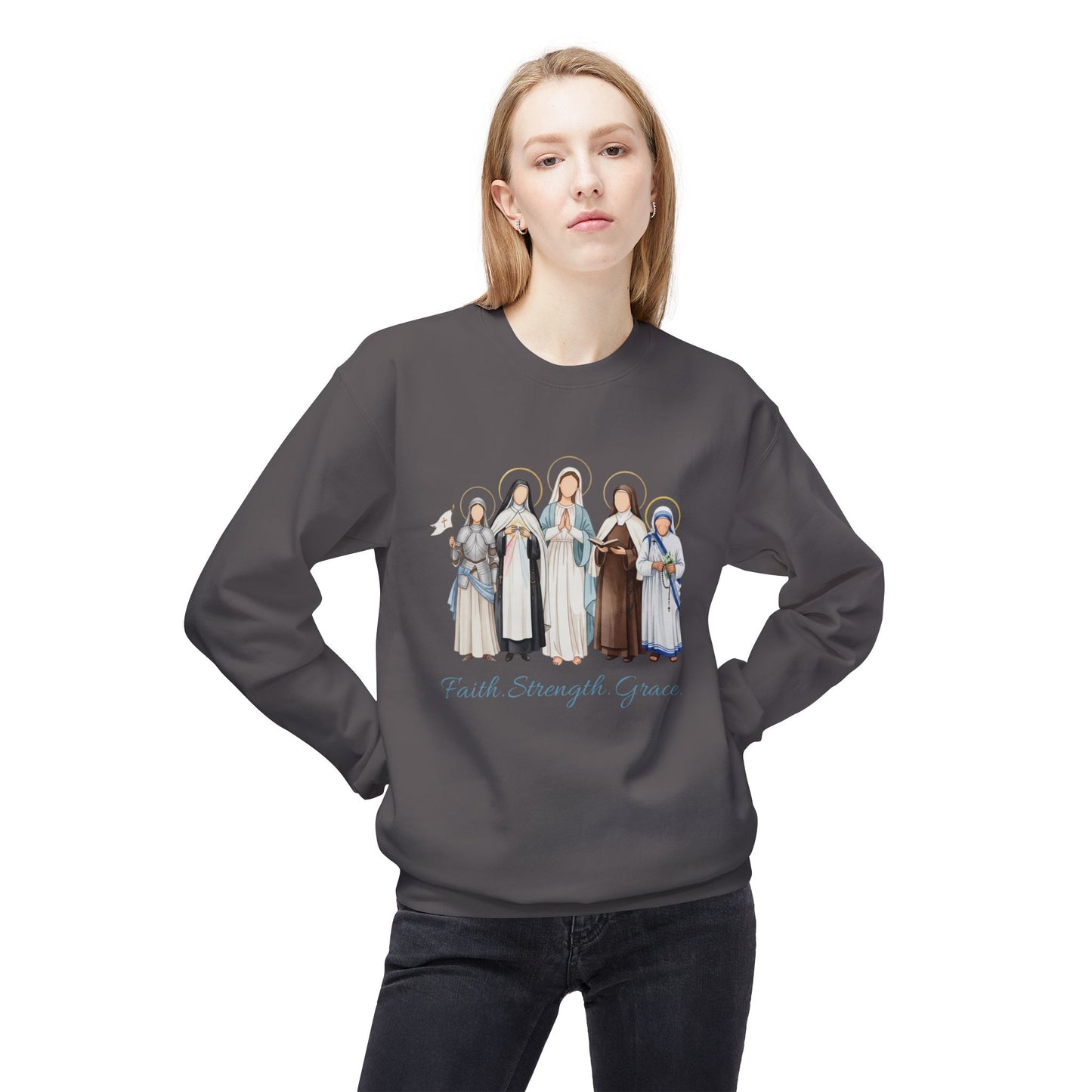 Faith Strength Grace Catholic Crewneck Sweatshirt - Women Saints Cozy Fleece Pullover