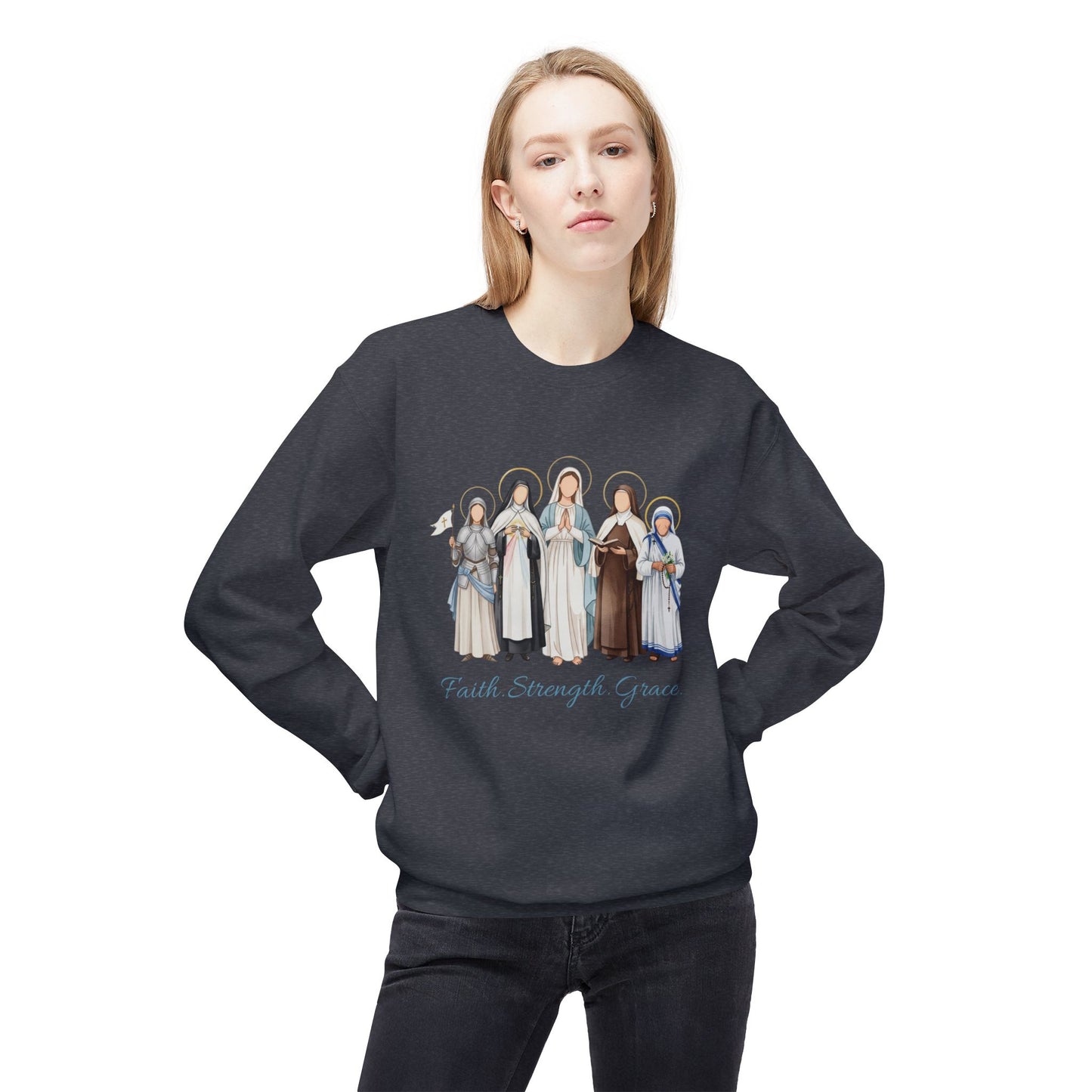 Faith Strength Grace Catholic Crewneck Sweatshirt - Women Saints Cozy Fleece Pullover