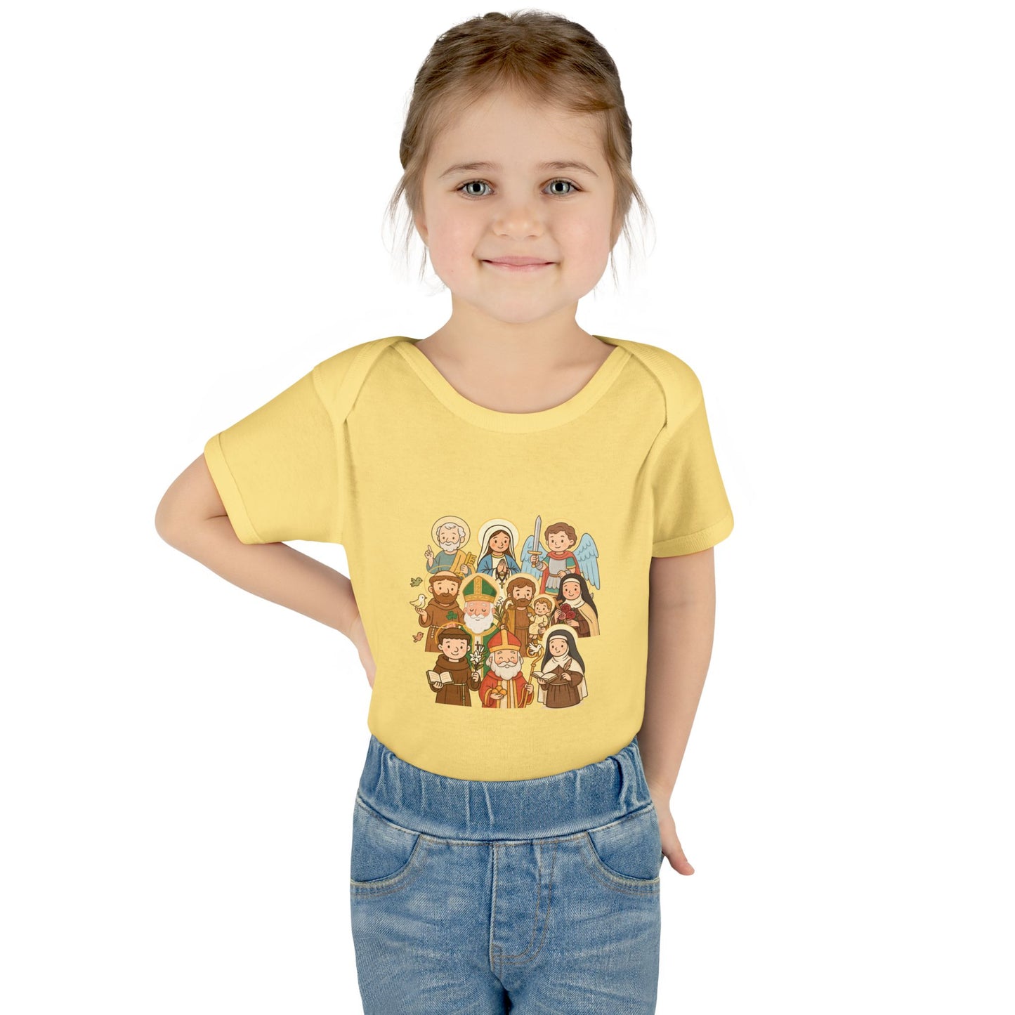Cute Kid-Friendly Saints Catholic Baby Bodysuit - Fun Cartoon Saints - Baptism & Christening Gift