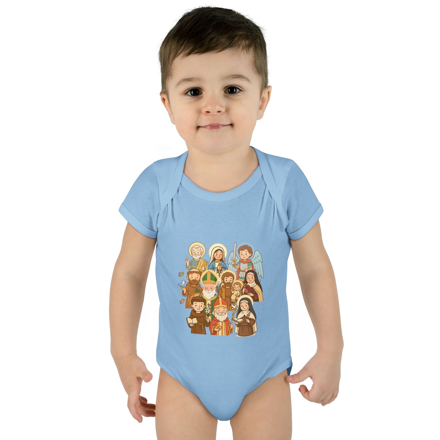 Cute Kid-Friendly Saints Catholic Baby Bodysuit - Fun Cartoon Saints - Baptism & Christening Gift