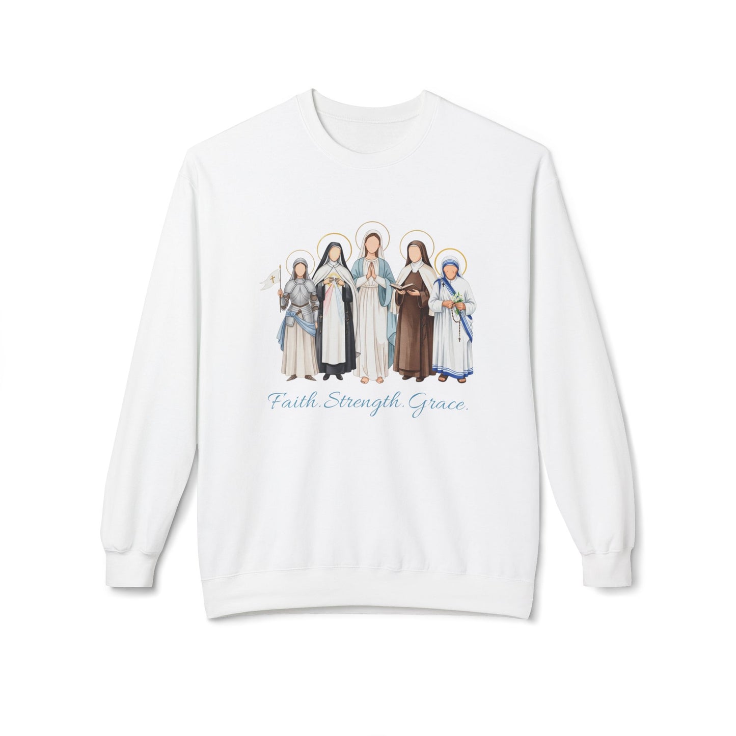 Faith Strength Grace Catholic Crewneck Sweatshirt - Women Saints Cozy Fleece Pullover
