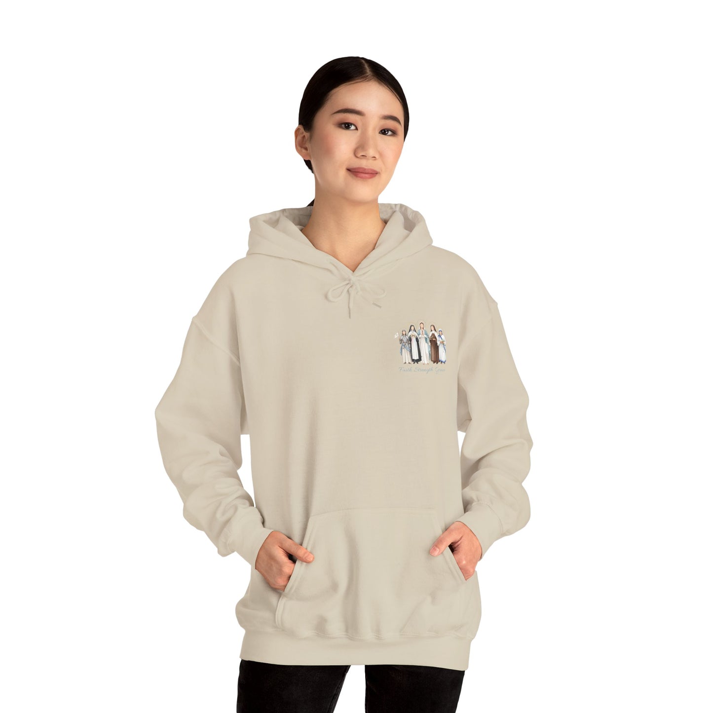 Faith Strength Grace Catholic Hoodie - Women Saints Vintage Chest Graphic Cozy Pullover