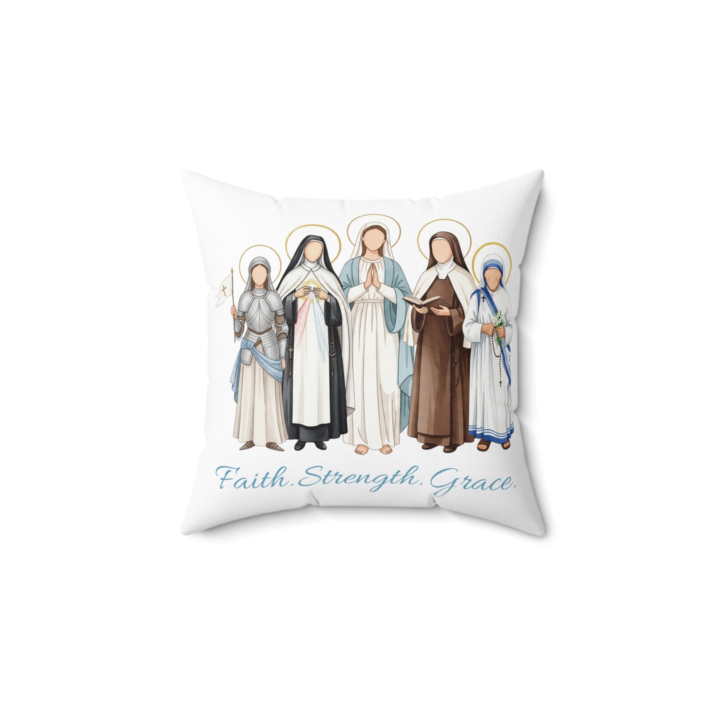 Faith Strength Grace Catholic Square Pillow - Women Saints One-Sided Throw Pillow