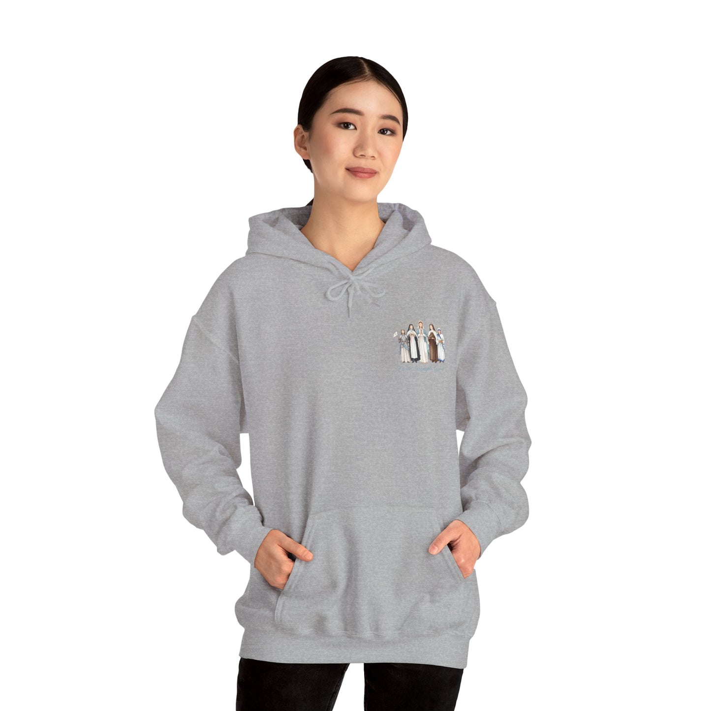 Faith Strength Grace Catholic Hoodie - Women Saints Vintage Chest Graphic Cozy Pullover
