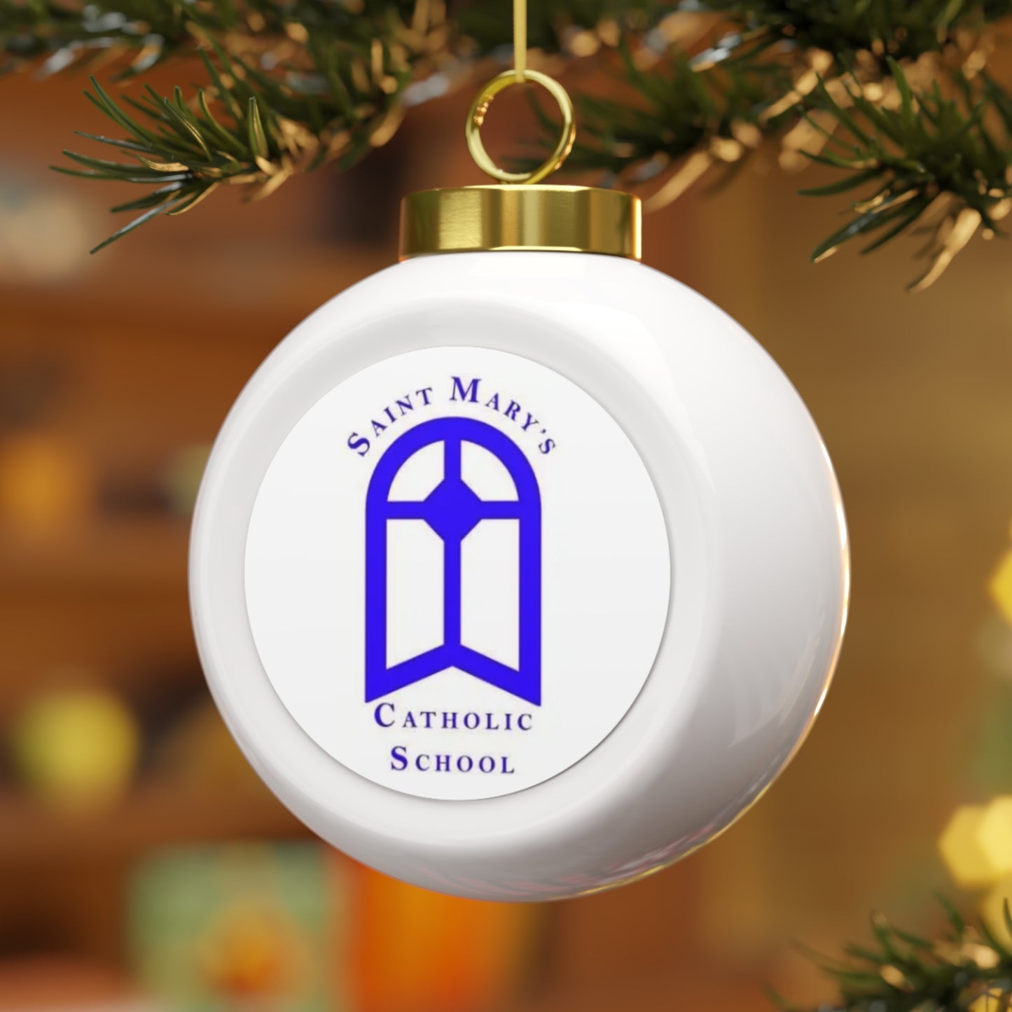 St Mary's Catholic School - Richmond, VA -  Christmas Ball Ornament — Festive Poinsettia & Candles Holiday Glass Ornament